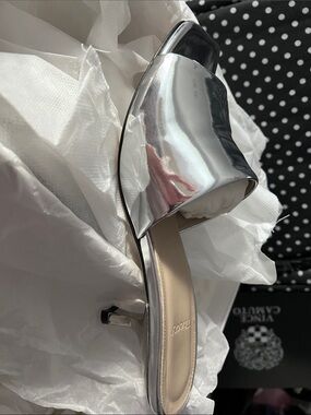 Theory Silver Mirrored Slide Mule brand new in box with sleeper bag included